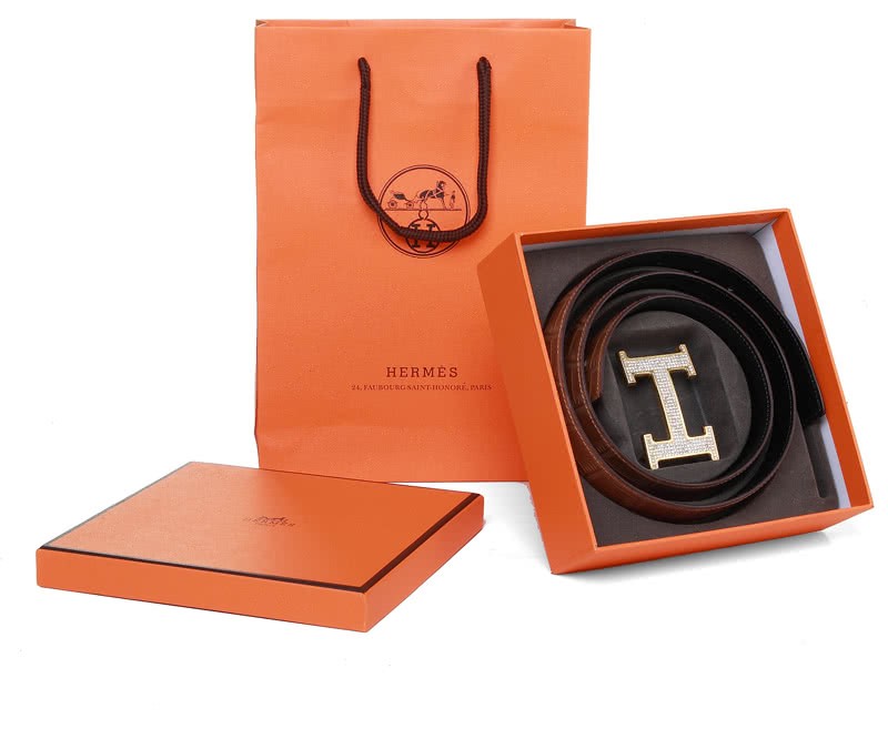 Hermes Crocodile Leather Gold H Buckle Belt With Diamond Brown 5