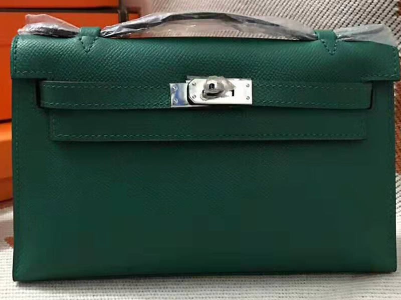 Hermes Epsom Mini Kelly Pochette Silver Hardware Dark Green 1