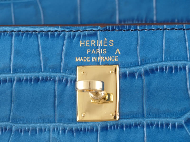 Hermes Matte Kelly Pochette Crocodile Blue Roi 9