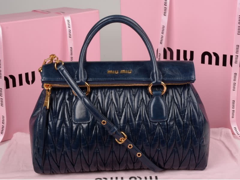 Miu Miu Glazed Matelasse Leather Zip Satchel Blue 1