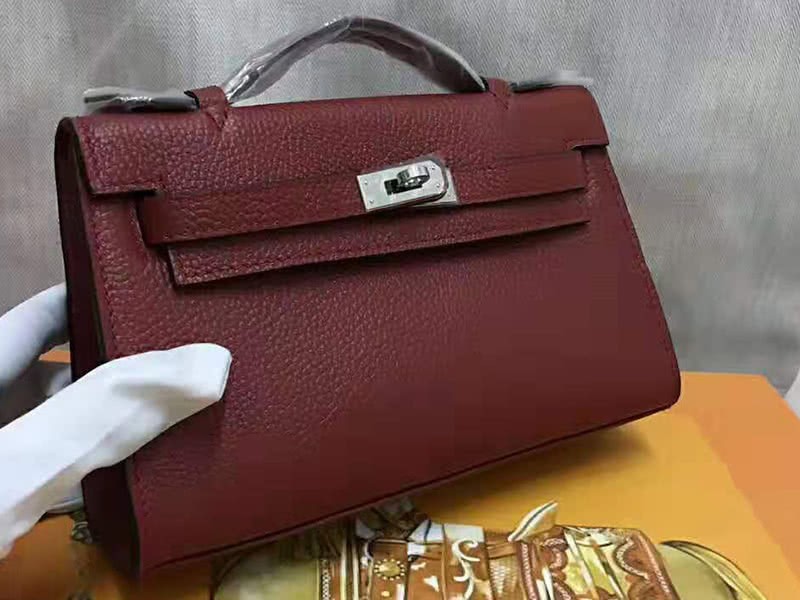 Hermes Pochette Kelly Togo Leather Silver Hardware Burgundy 1