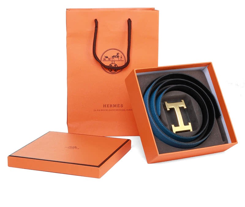 Hermes Togo Leather Belt With Gold H Buckle Blue Black 4