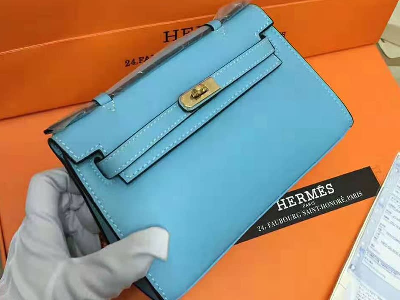 Hermes Swift Kelly Pochette Clutch Gold Hardware Blue 1