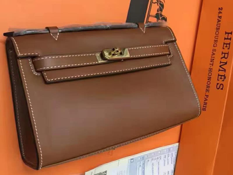 Hermes Swift Kelly Pochette Clutch Gold Hardware Brown 2