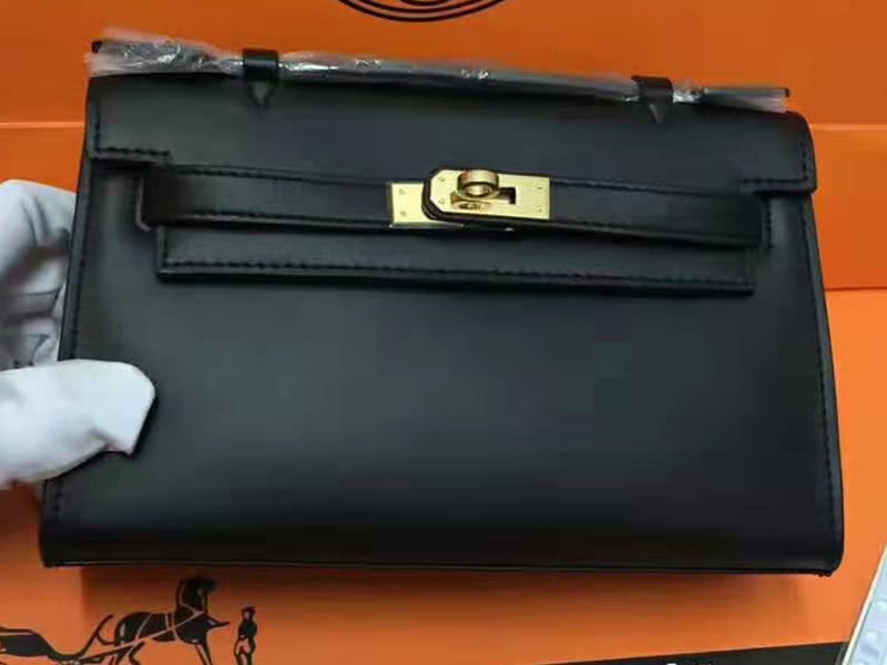 Hermes Swift Kelly Pochette Clutch Gold Hardware Black 5